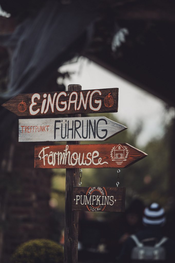 Wegweiser mit Schildern zu Eingang, Führung und Farmhouse am Gertrudenhof Hürth