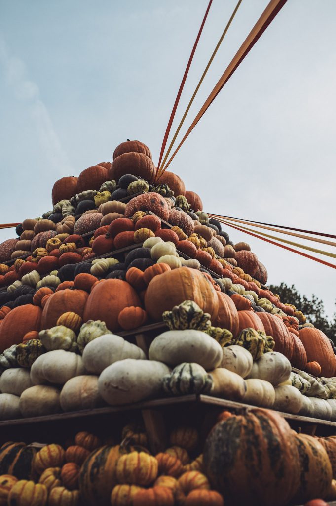 Große Pyramide aus verschiedenen Kürbissen mit herbstlicher Dekoration auf dem Gertrudenhof
