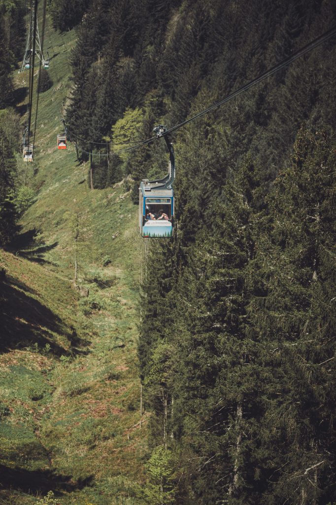 Seilbahn fährt über bewaldete Hänge im Schwarzwald