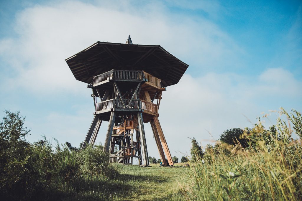Holzturm mit breitem Dach und Treppenaufgang auf dem Velmerstot in Lippe