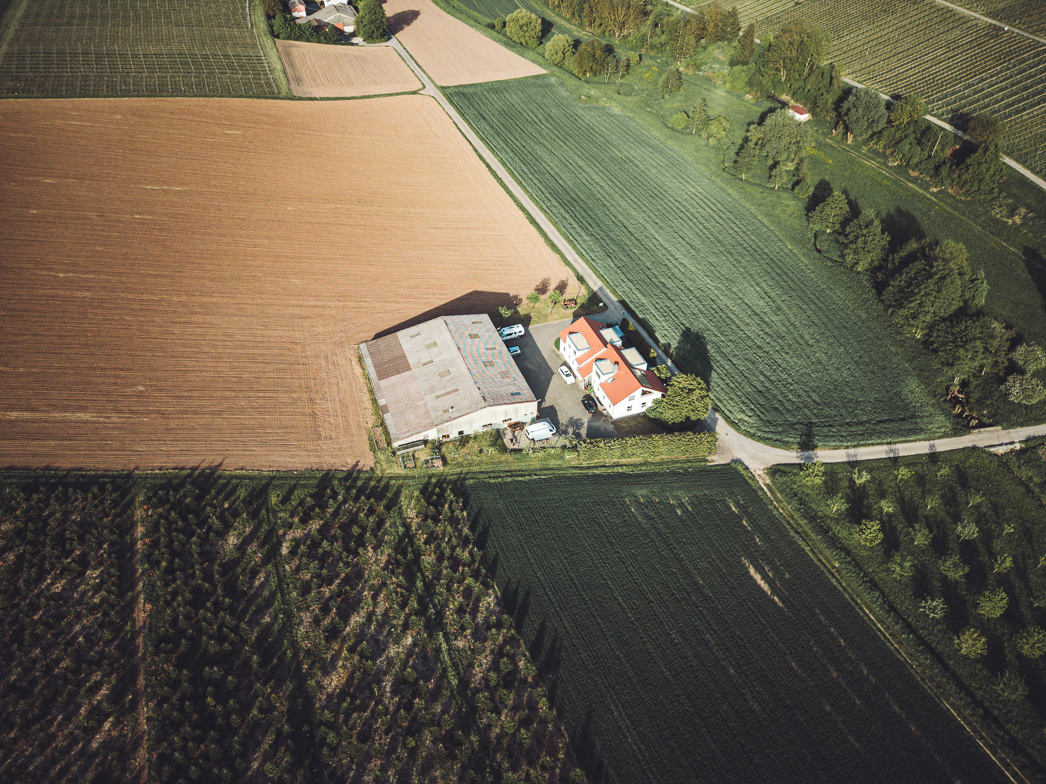 Drohnenaufnahme des Weinguts Holzwarth mit Hofgebäuden, Camper und umliegenden Feldern.