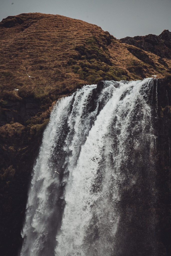 Oberer Bereich des Seljalandsfoss mit herabstürzendem Wasser und moosbedecktem Felsen