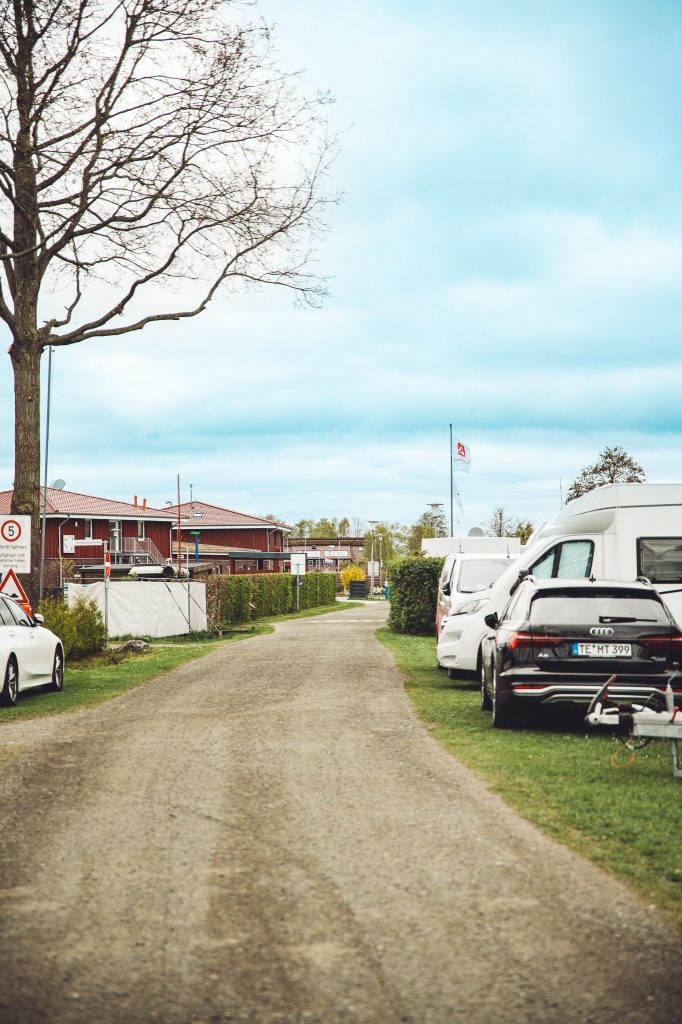 Zufahrtsweg mit Wohnmobilen und Hecken auf dem Campingplatz Großes Meer