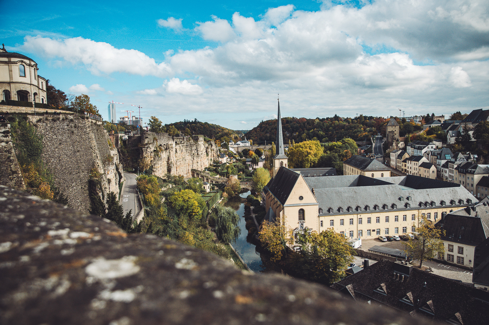 Weitwinkelblick über Luxemburg Stadt mit Felsen, Flusstal im Grund, Kirche und Altstadt, moderne Skyline im Hintergrund