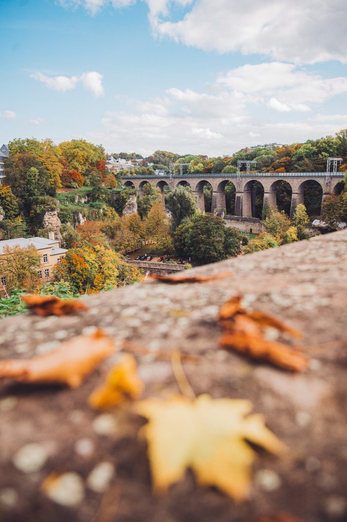 Steinviadukt mit vielen Bögen über bewaldetes Tal, Herbstfarben, unscharfe Blätter auf einer Mauer im Vordergrund, Luxemburg Stadt