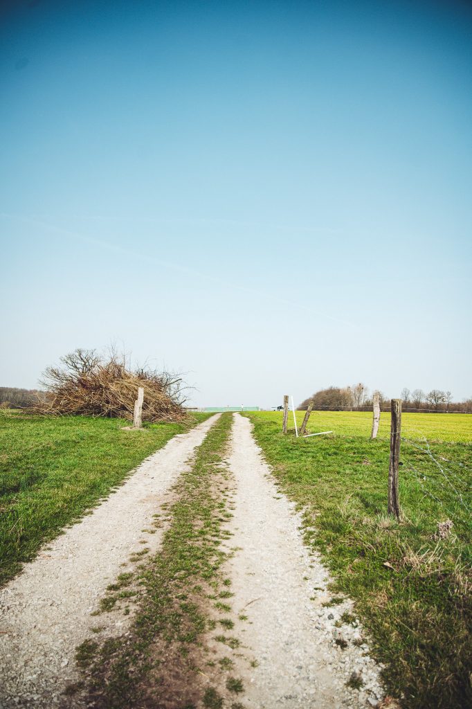 Schmaler Feldweg zwischen Wiesen am Hof Becker vor der Sandfort auf dem Weg zum ruhigen Landvergnügen-Stellplatz