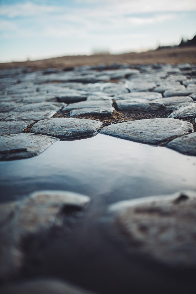 Nahaufnahme der hexagonalen Basaltflächen am Kirkjugólf in Südisland mit kleiner Pfütze zwischen den Steinen