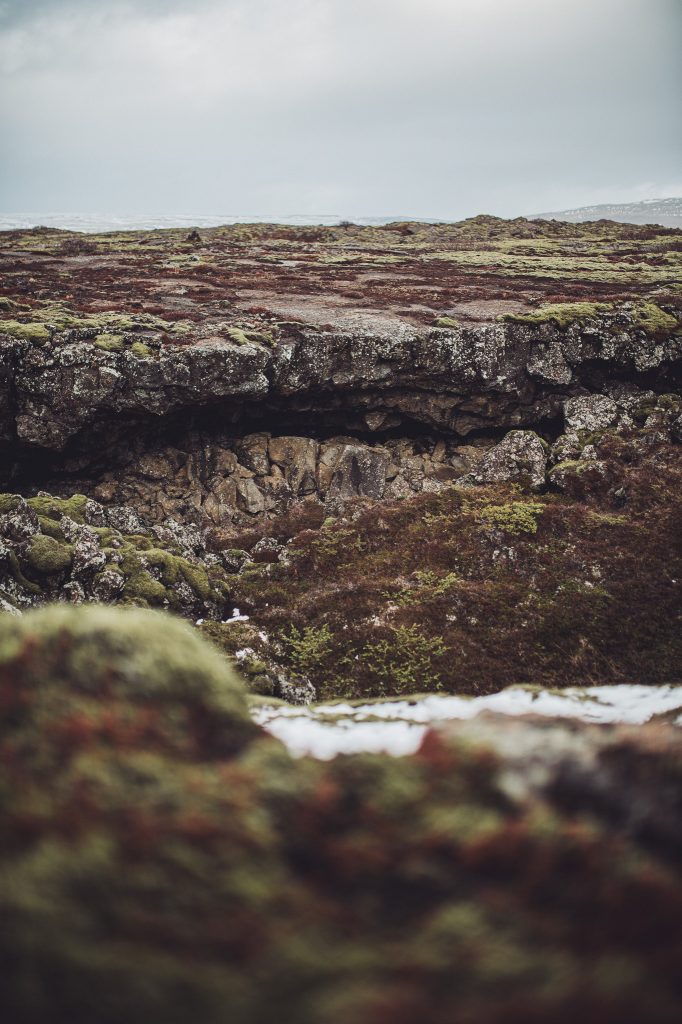 Offene Lavahöhle im Lavafeld am Eldborg in Island mit Felsen, Moos und Schneeresten