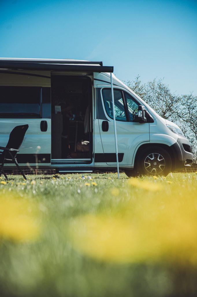 Weißer Camper auf einer grünen Wiese mit Löwenzahn am Eichenhof Grauel