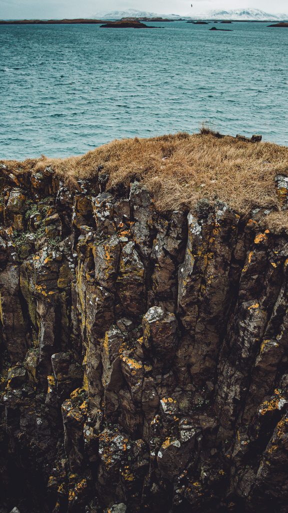 Basaltfelsen mit Gras am Meer bei Súgandiseyjarviti in Stykkishólmur auf Snæfellsnes