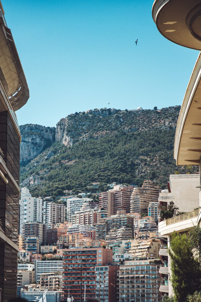 Dicht bebaute Häuser und Hochhäuser in Monaco vor den steilen bewaldeten Felsen