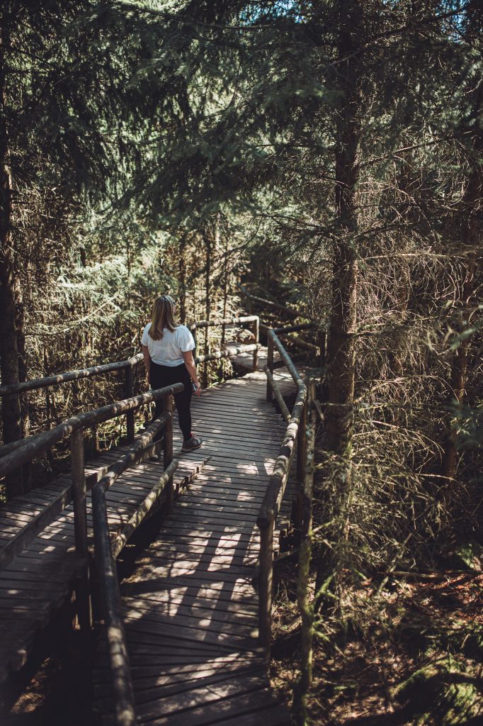 Wanderin auf einer verwinkelten Holzbrücke am Lotharpfad im Schwarzwald
